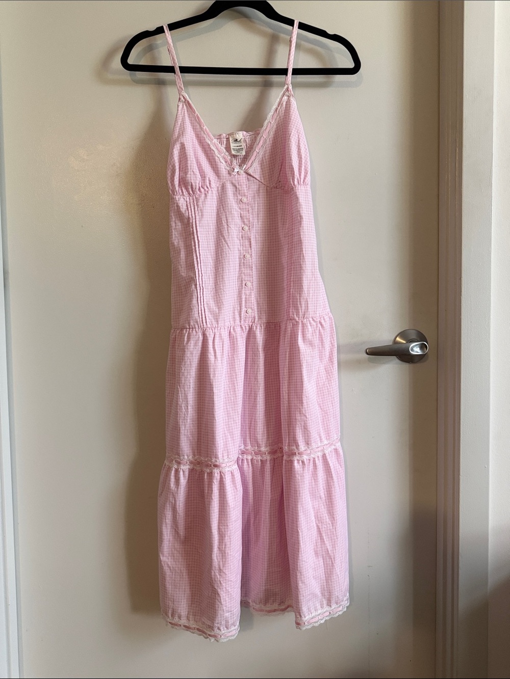 Pink x Frankie’s Bikinis Light Pink Gingham Tiered Spaghetti-Strap Dress Sz L